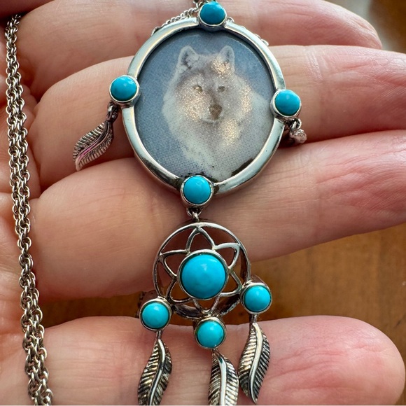 BGE Sterling Silver and Turquoise Wolf Dream Catcher Pendant - Picture 1 of 10